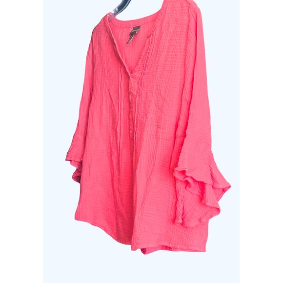 CHICO’S V-NECK 3/4 BELL SLV PULL-OVER BLOUSE, XXL/20 (CHICO’S 4), PINK PUCKERED - Picture 4 of 12